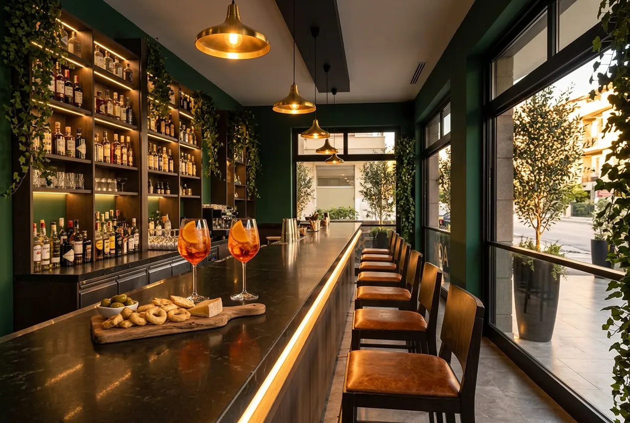 Bancone di Koa Lounge a Lecce all’aperitivo: due spritz e un tagliere, bottiglie illuminate sullo sfondo