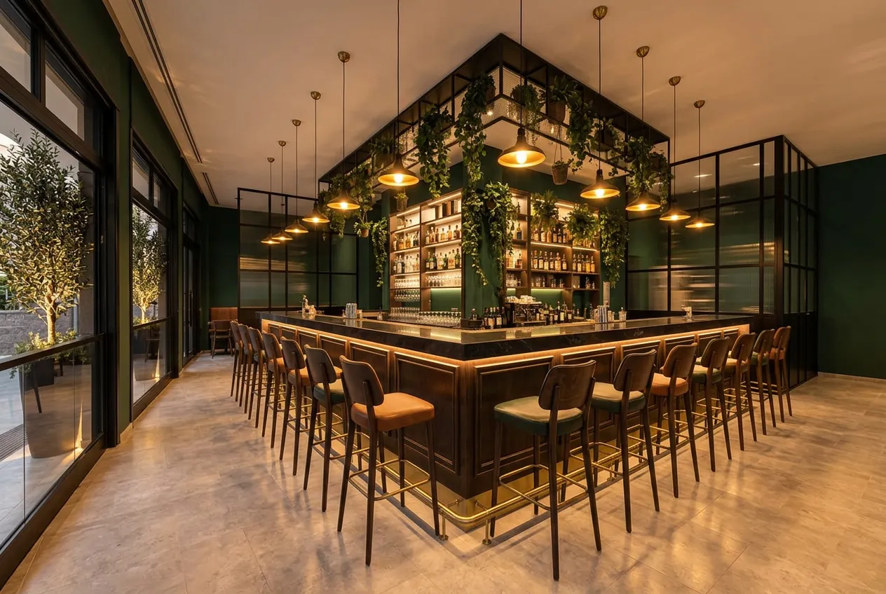 Il bancone di Koa Lounge a Lecce con sgabelli, back-bar illuminato e piante