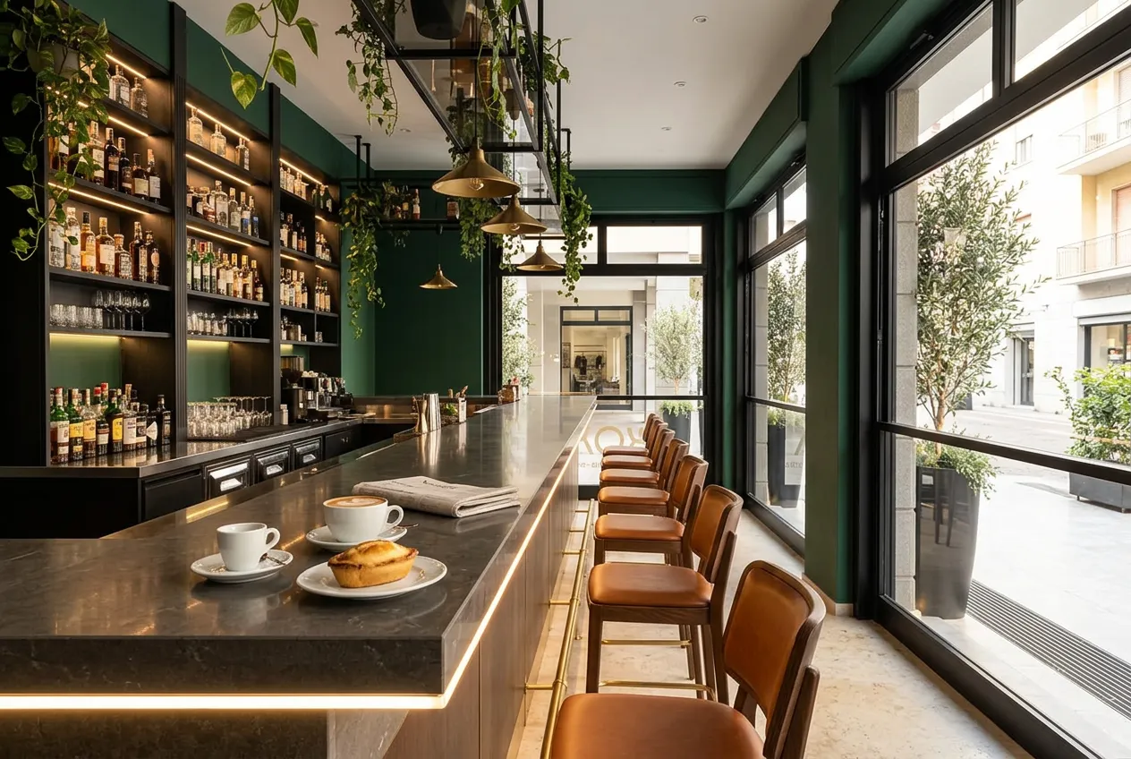 Bancone di Koa Lounge a Lecce con colazione: espresso, cappuccino e pasticciotto alla luce del mattino