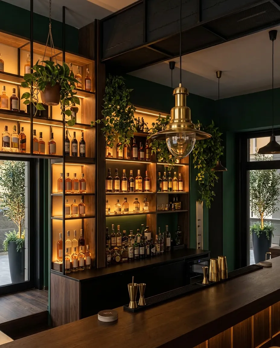 Il back-bar di Koa Lounge con bottiglie illuminate e piante