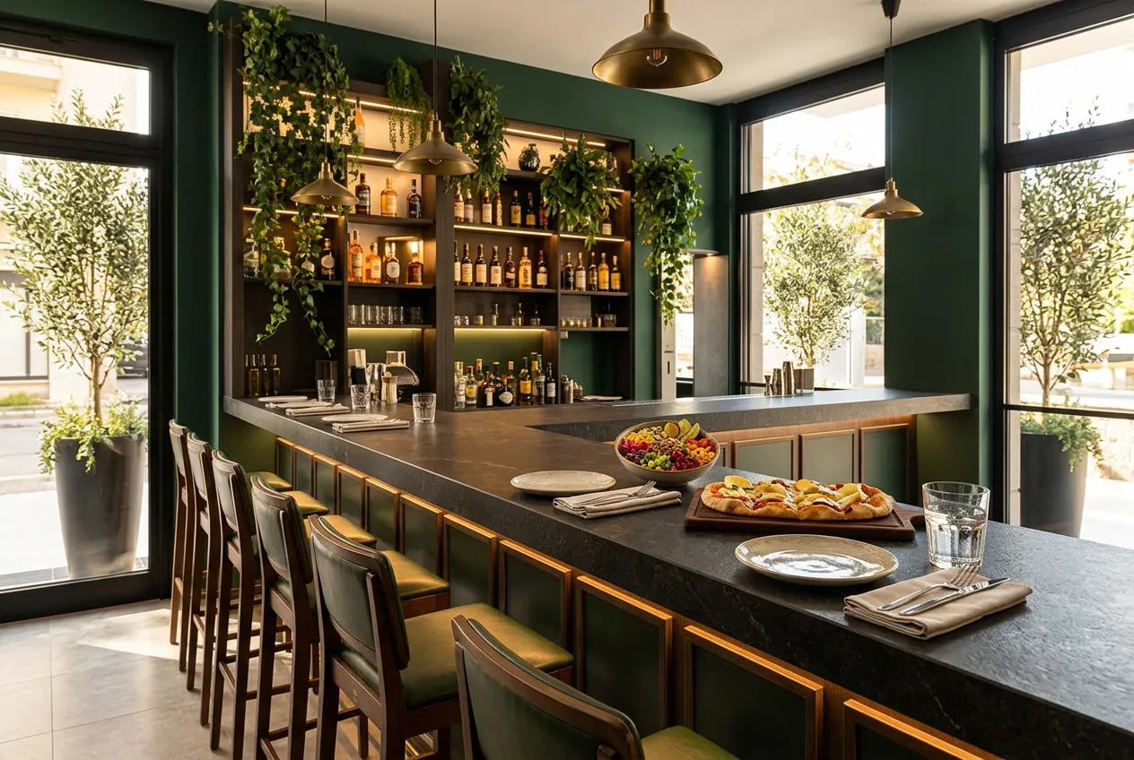Bancone di Koa Lounge a Lecce con pranzo bistrot: bowl, pinsa e acqua serviti al bancone